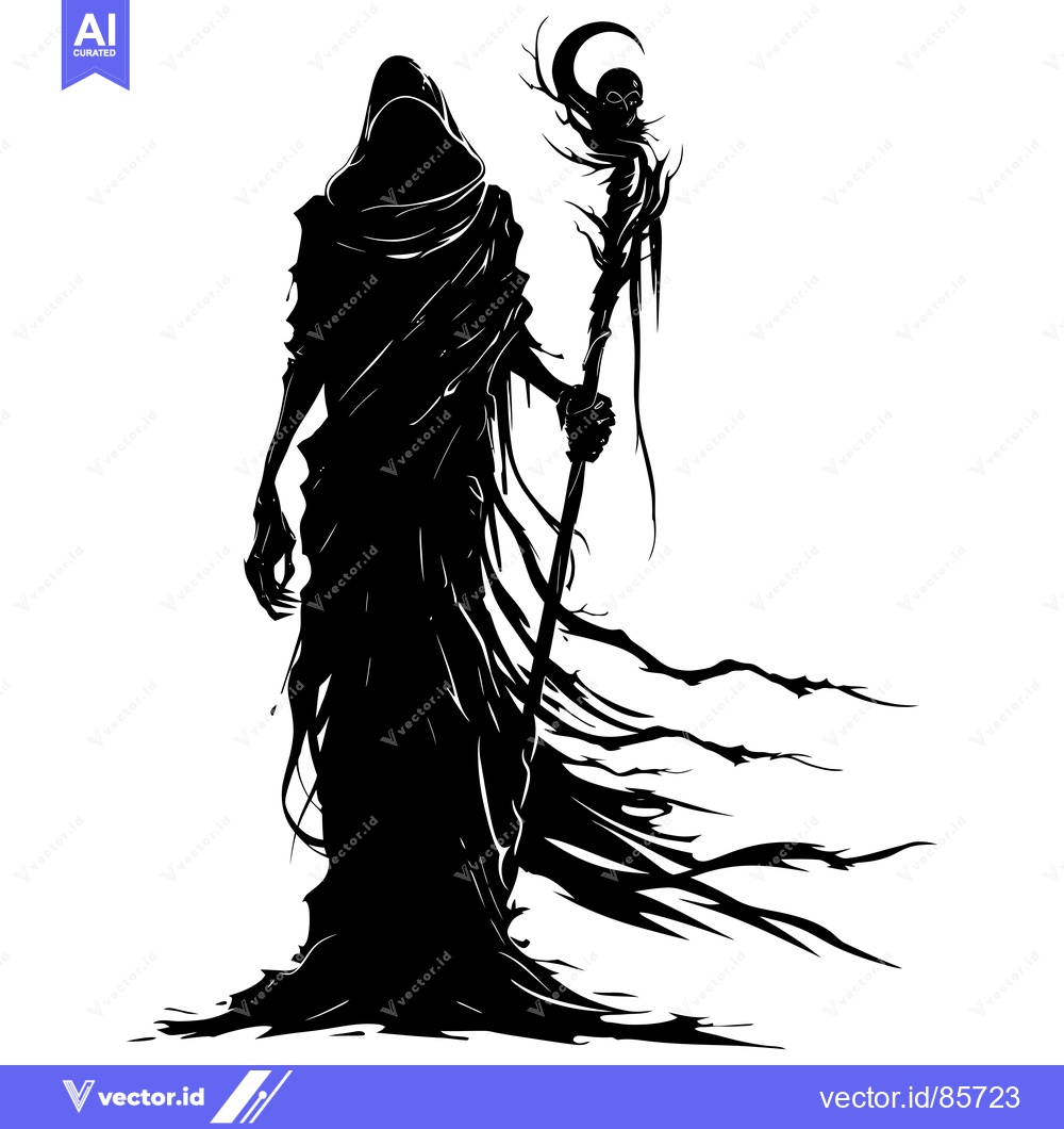 Premium Vector of Silhouette of a Hooded Figure Holding a Staff with a Skull