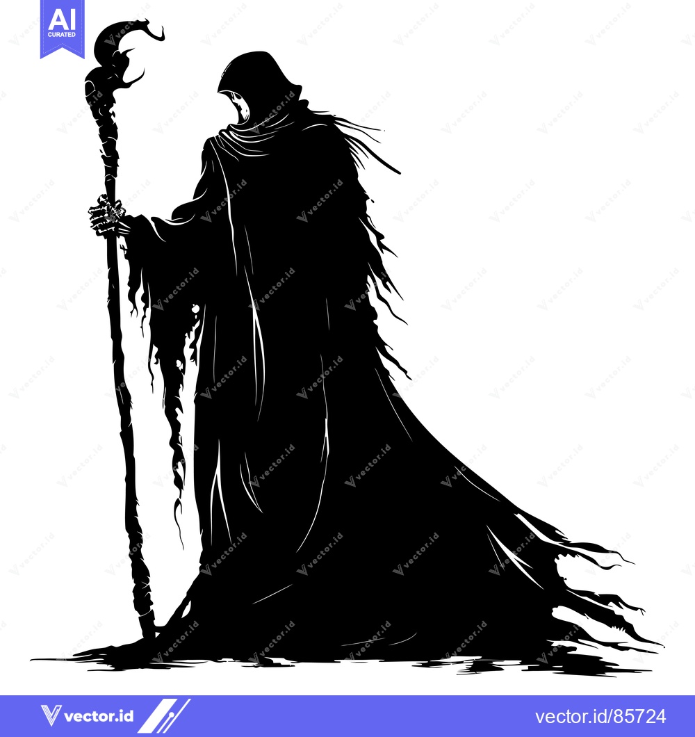 Premium Vector dari Silhouette of a hooded figure holding a staff