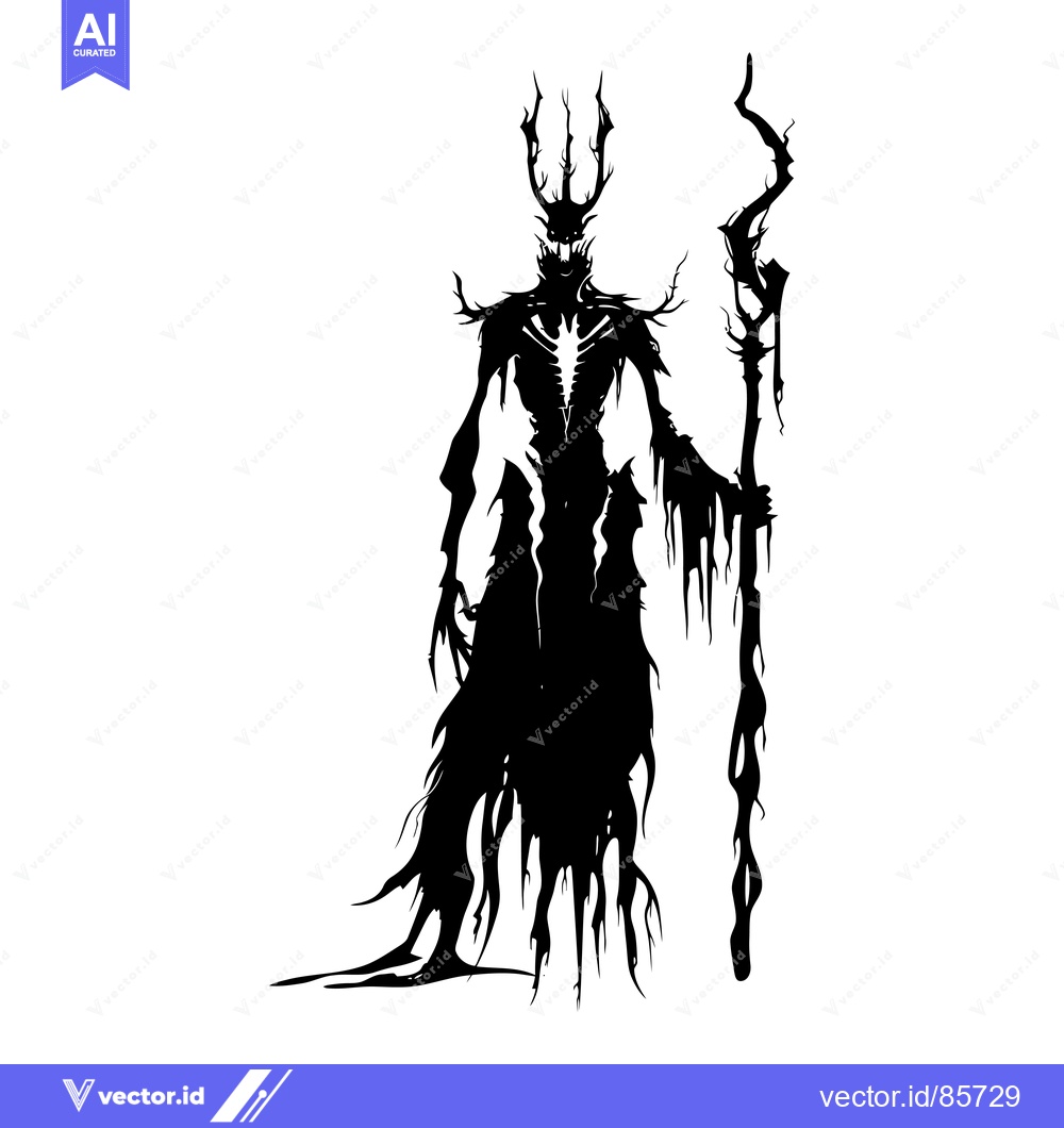 Premium Vector dari Silhouette of a Dark, Antlered Figure with a Twisted Staff