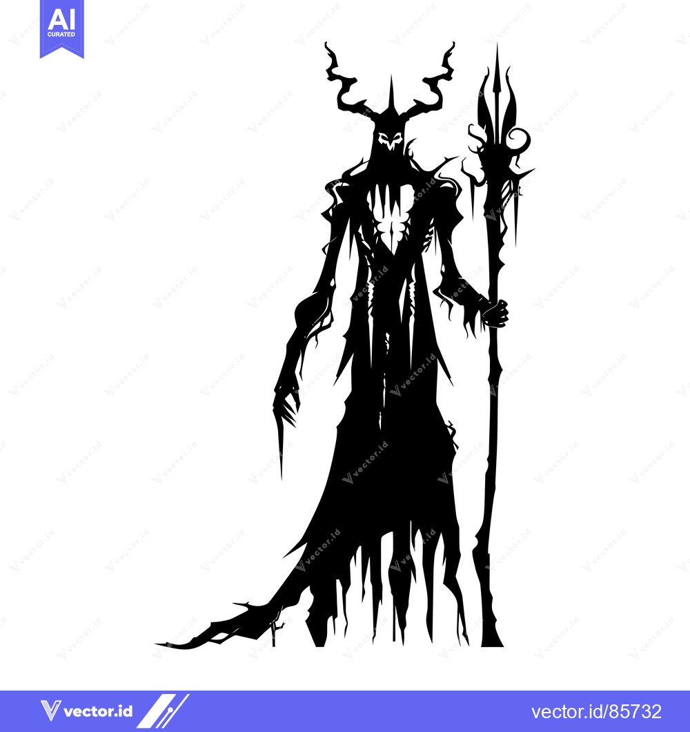 Premium Vector dari Silhouette of a horned, cloaked figure holding a staff