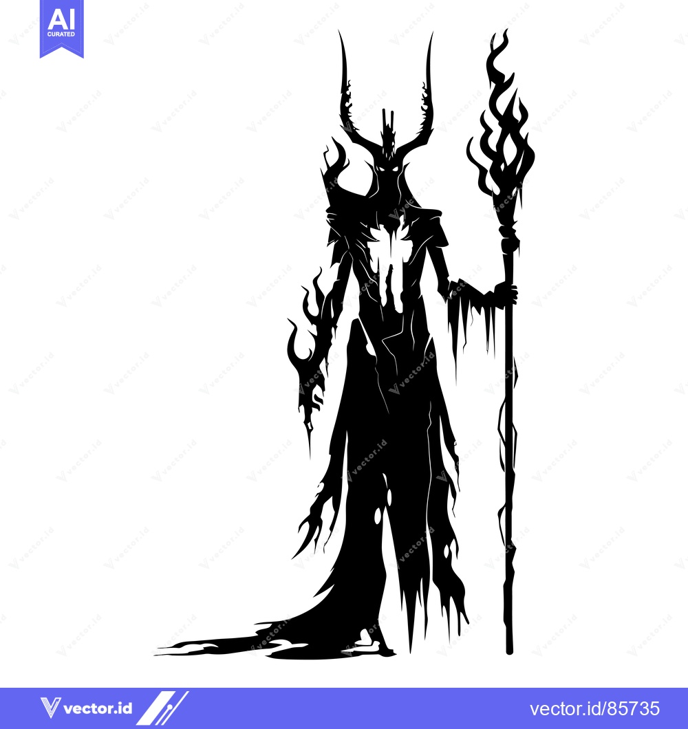 Premium Vector dari Silhouette of a Dark Figure Holding a Flamed Staff