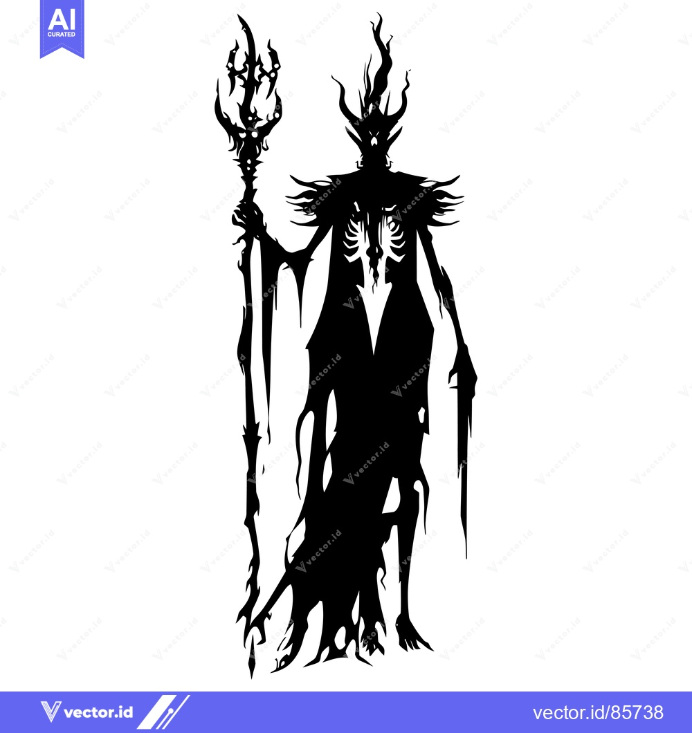Premium Vector of Silhouette of a skeletal, horned, demonic figure holding a staff