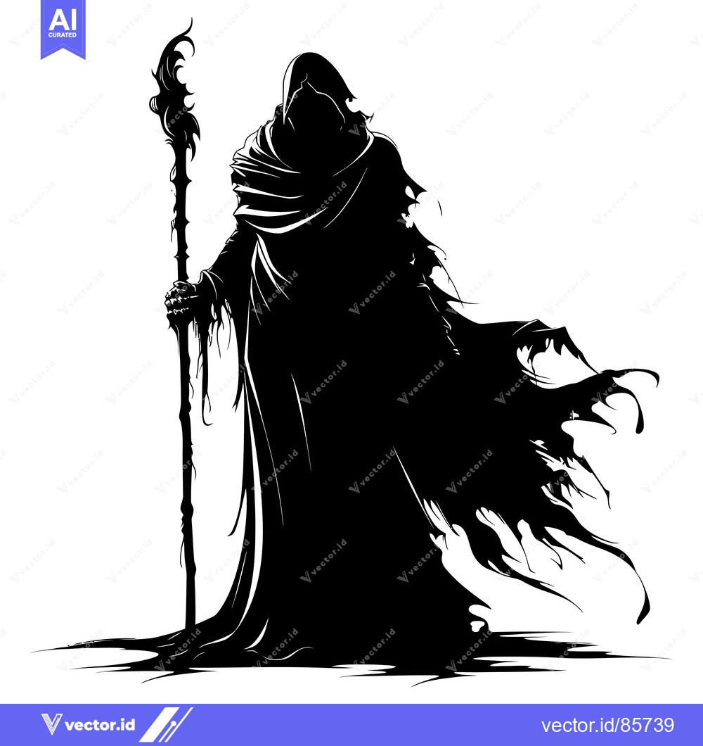 Premium Vector of Silhouette of a hooded figure holding a staff with a flame-like design