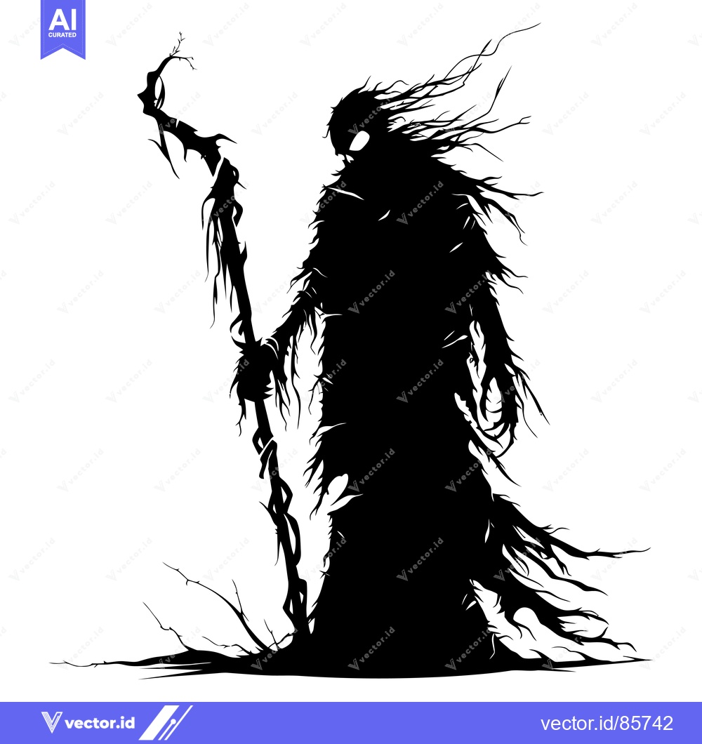 Premium Vector of A Silhouette of a Dark, Branch-Like Figure Holding a Twisted Staff