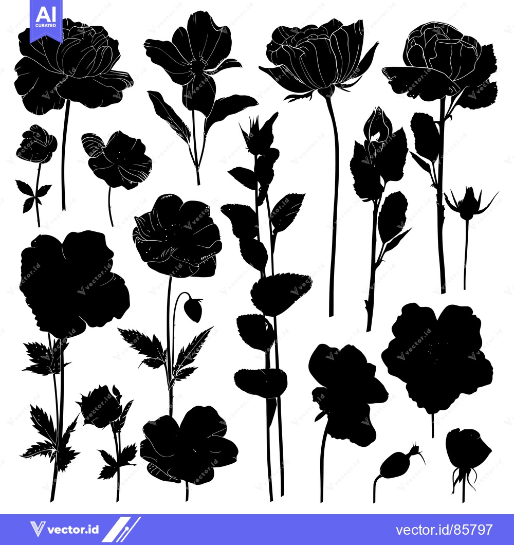 Premium Vector of Black and White Silhouettes of Roses and Buds