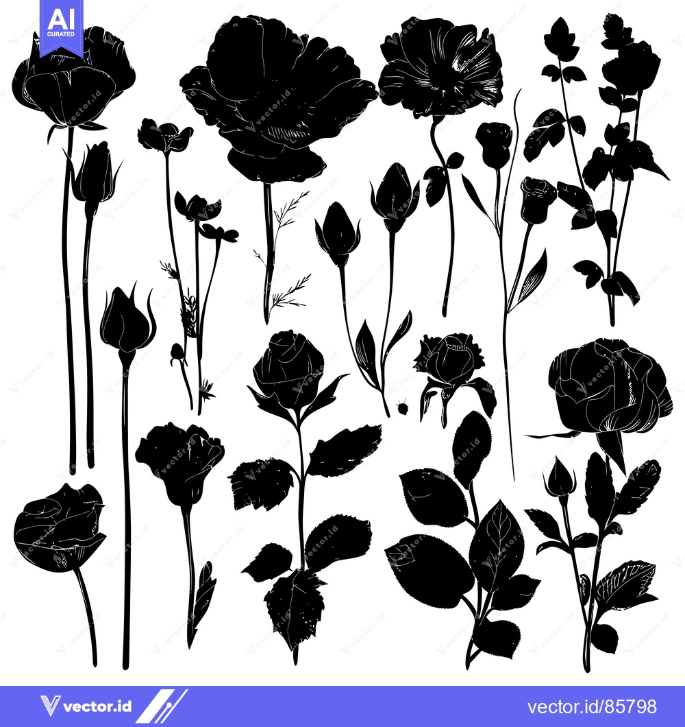 Premium Vector dari Black and White Silhouettes of Various Flower Buds and Blooms