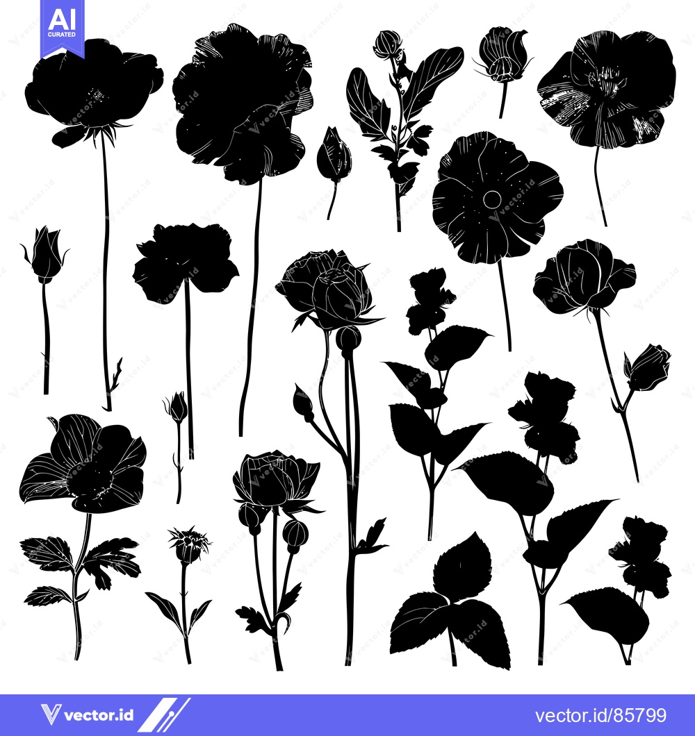 Premium Vector dari Black and White Silhouettes of Various Flowers and Buds