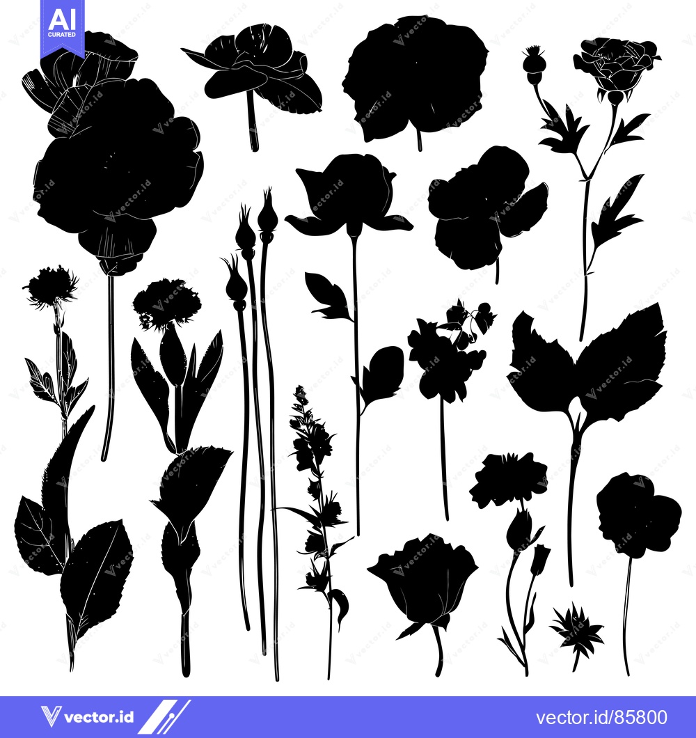 Premium Vector of Black and White Silhouettes of Various Flowers and Buds