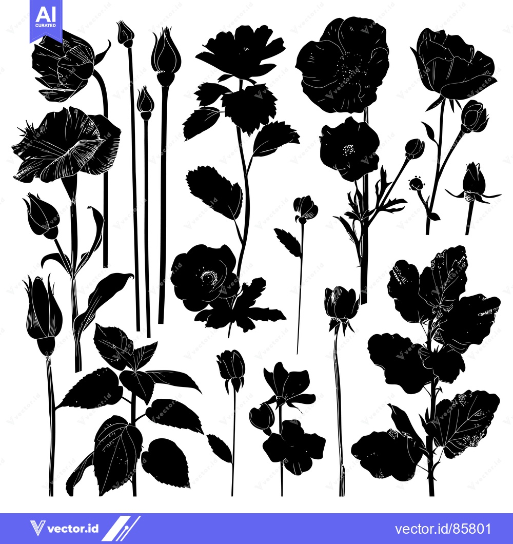 Premium Vector of Black and White Silhouettes of Various Flowers and Buds