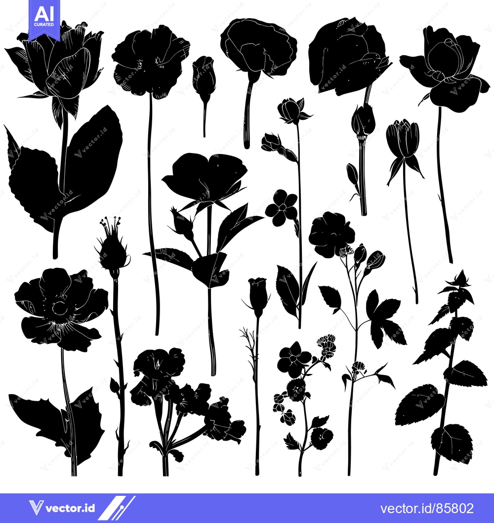Premium Vector dari Black Silhouettes of Various Flowers and Buds