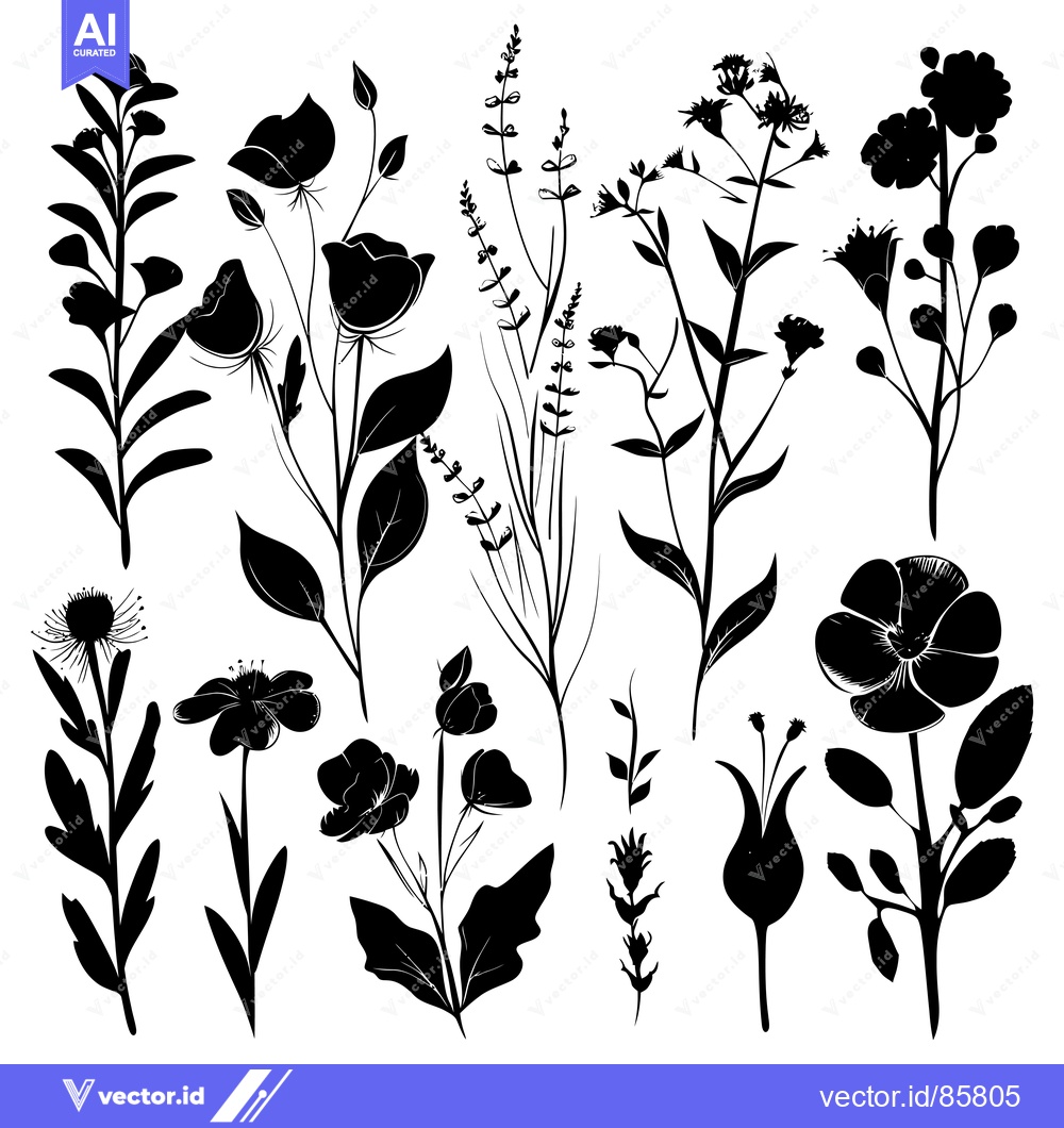 Premium Vector dari Black Silhouettes of Various Flowers and Foliage