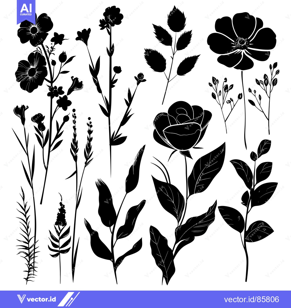Premium Vector of Black Silhouettes of Various Flowers and Leaves
