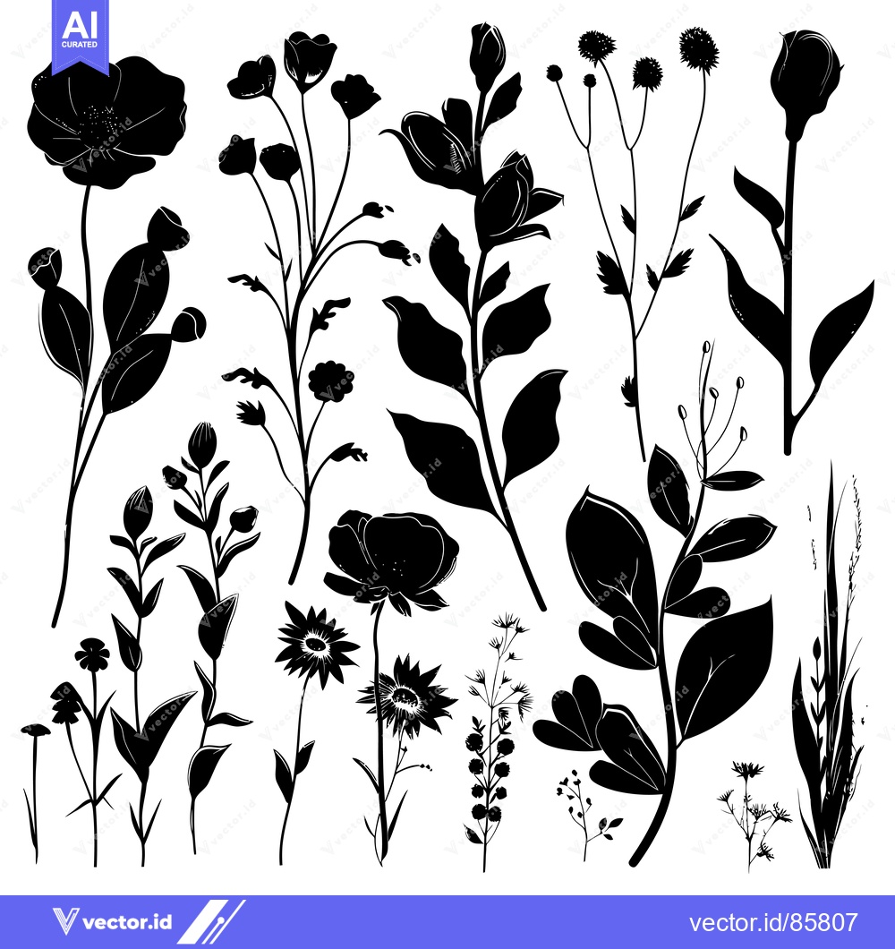 Premium Vector dari Silhouettes of Various Black and White Wildflowers