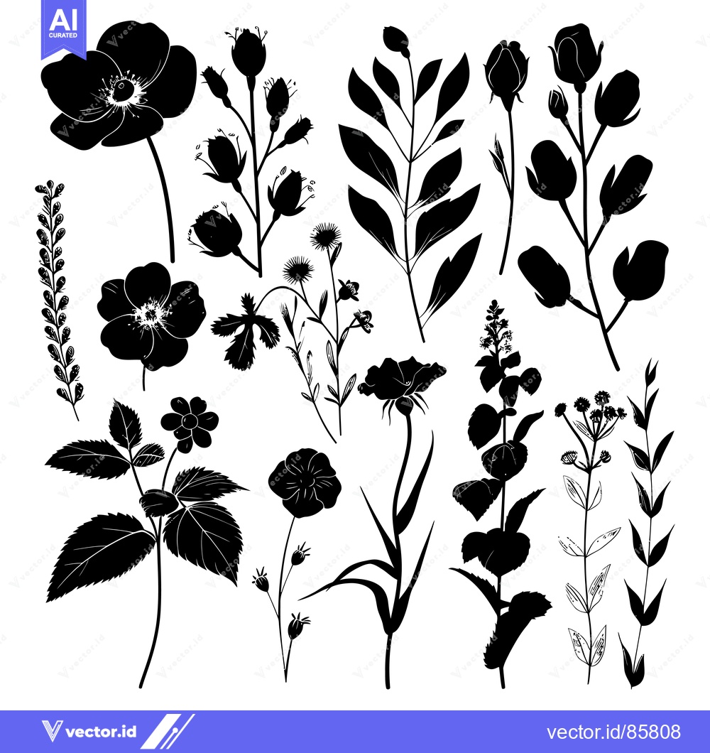 Premium Vector of Black and White Silhouettes of Various Wildflowers and Foliage