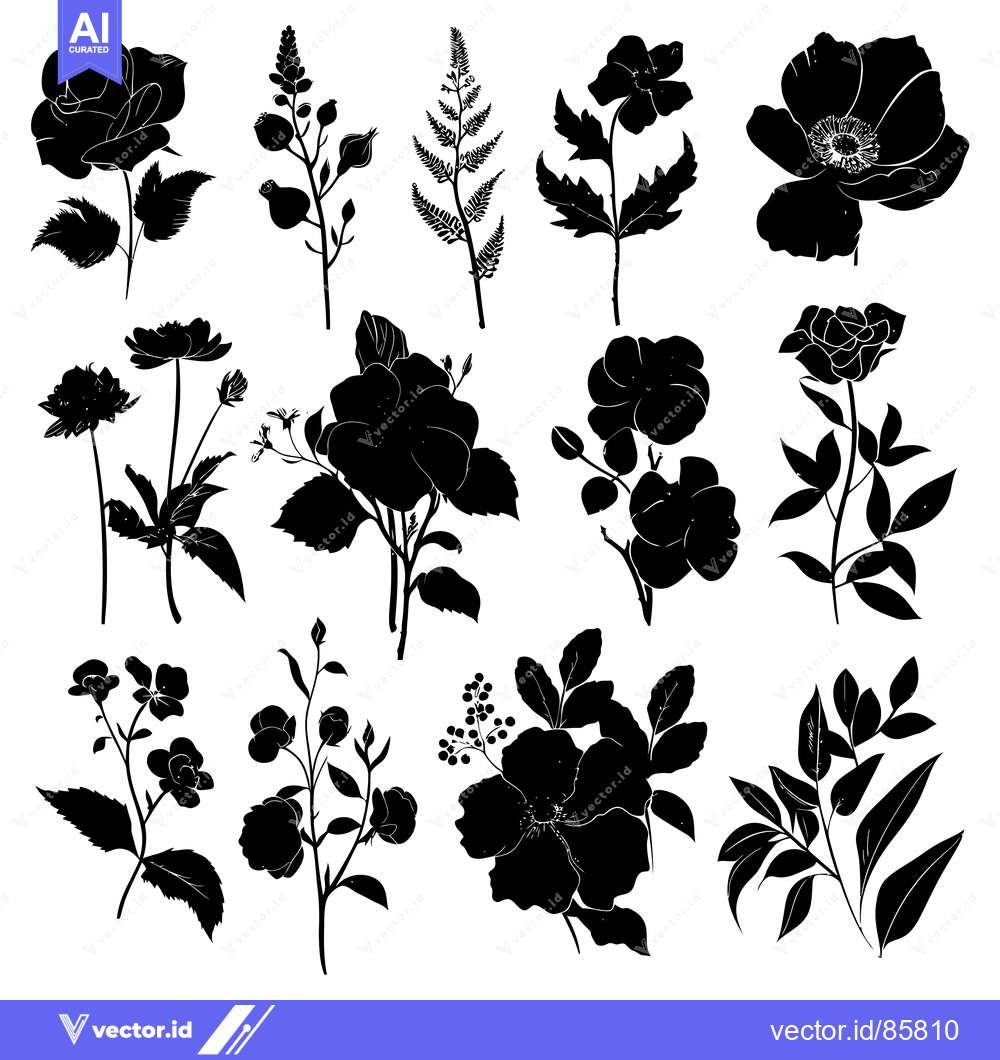Premium Vector of Black and White Silhouettes of Various Flowers and Foliage