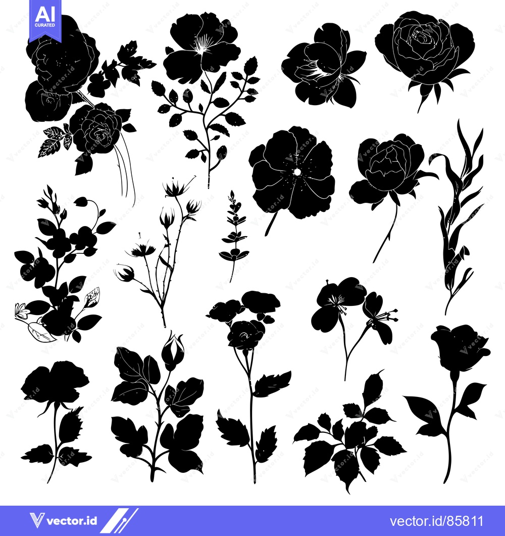 Premium Vector of A Collection of Black Silhouettes of Roses and Other Flowers