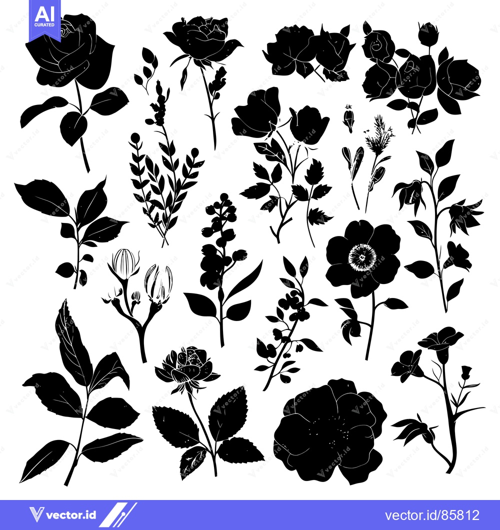 Premium Vector of A Collection of Black and White Silhouettes of Roses and Other Flowers