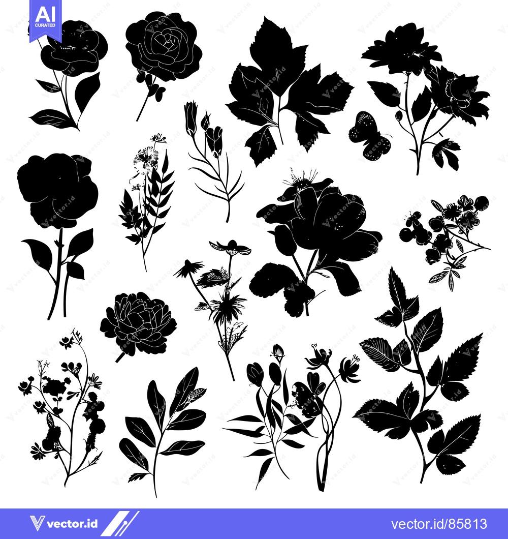 Premium Vector of Black and White Silhouettes of Various Flowers and Leaves