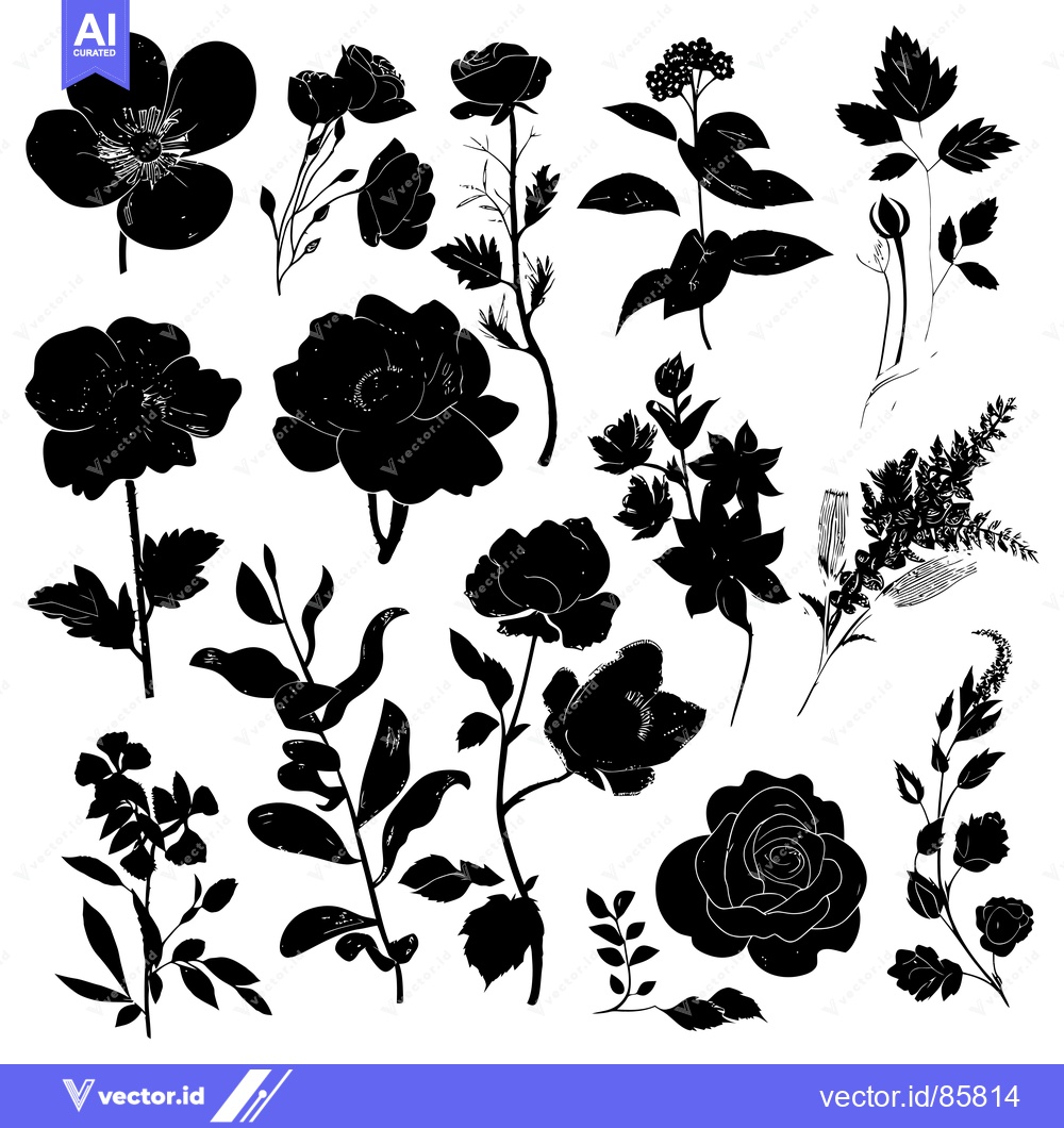 Premium Vector dari Black and White Silhouettes of Various Flowers and Plants