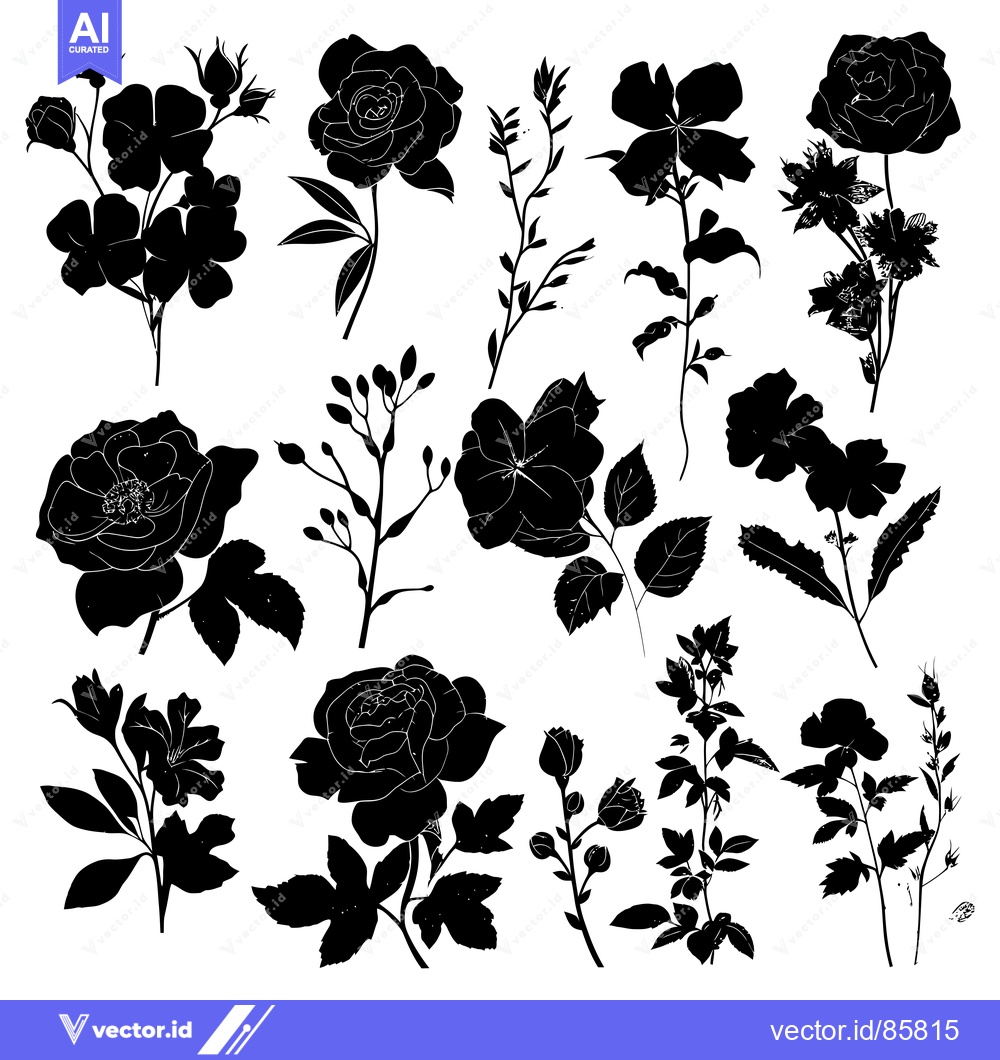 Premium Vector of Black and White Floral Silhouettes with Roses and Buds