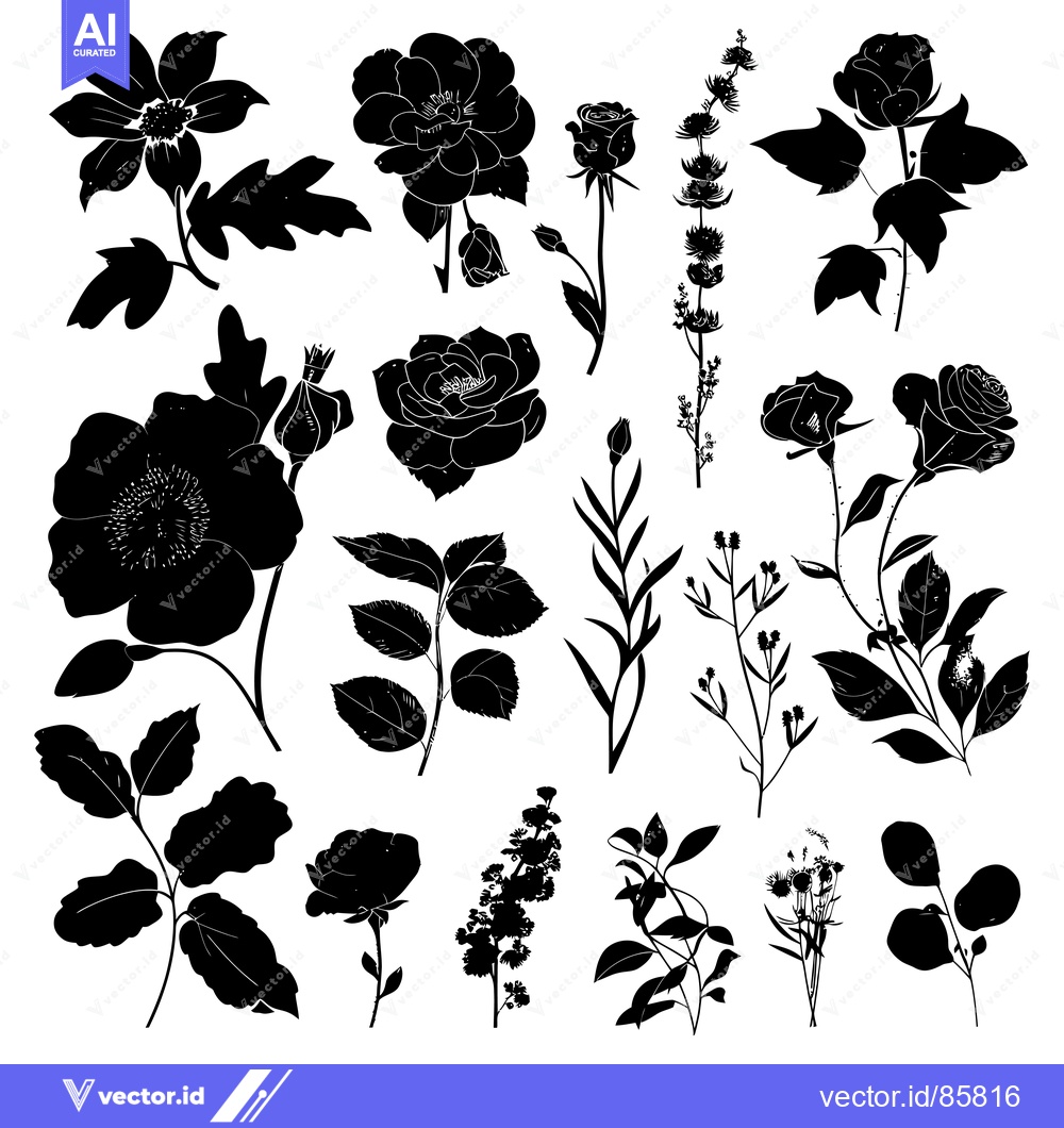 Premium Vector of A Collection of Black and White Floral Silhouettes