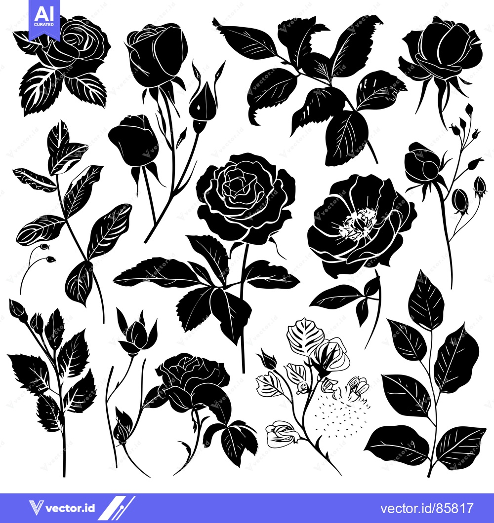 Premium Vector of Black and White Silhouettes of Rose Flowers and Foliage