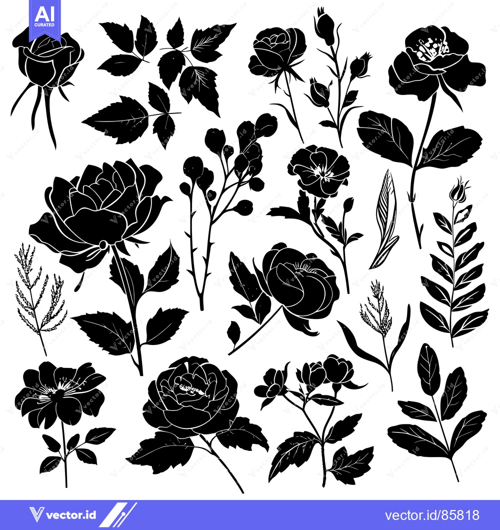 Premium Vector of Black and White Silhouette of Roses and Foliage