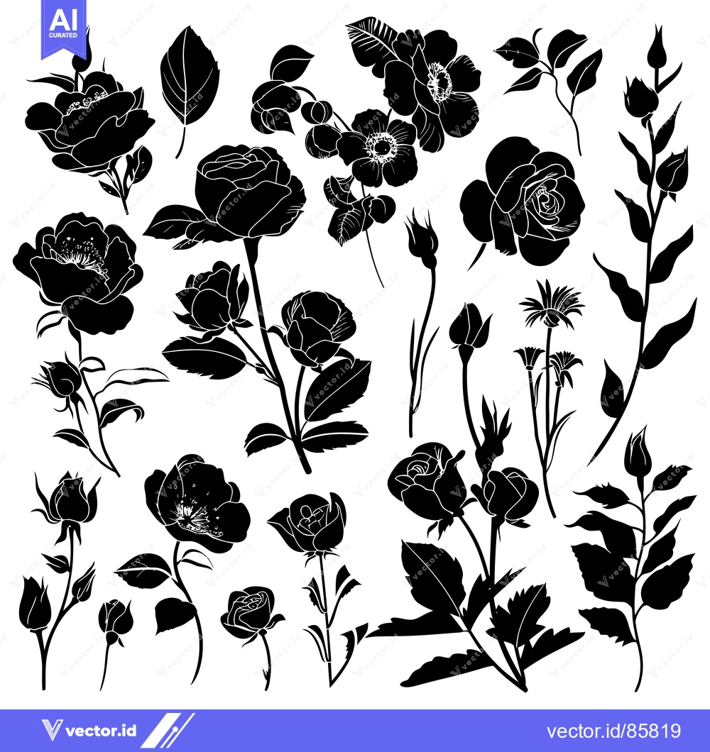 Premium Vector dari A Collection of Black Silhouettes of Roses and Buds