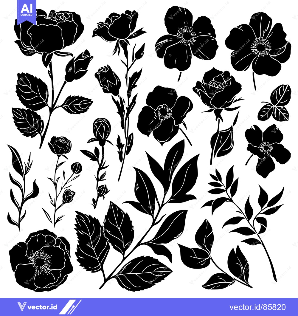 Premium Vector dari Black and White Floral Silhouettes with Roses and Leaves