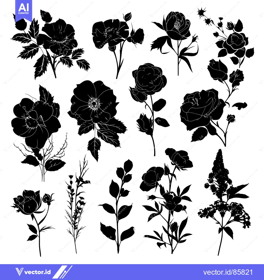 Premium Vector of Black Silhouettes of Various Flowers and Foliage
