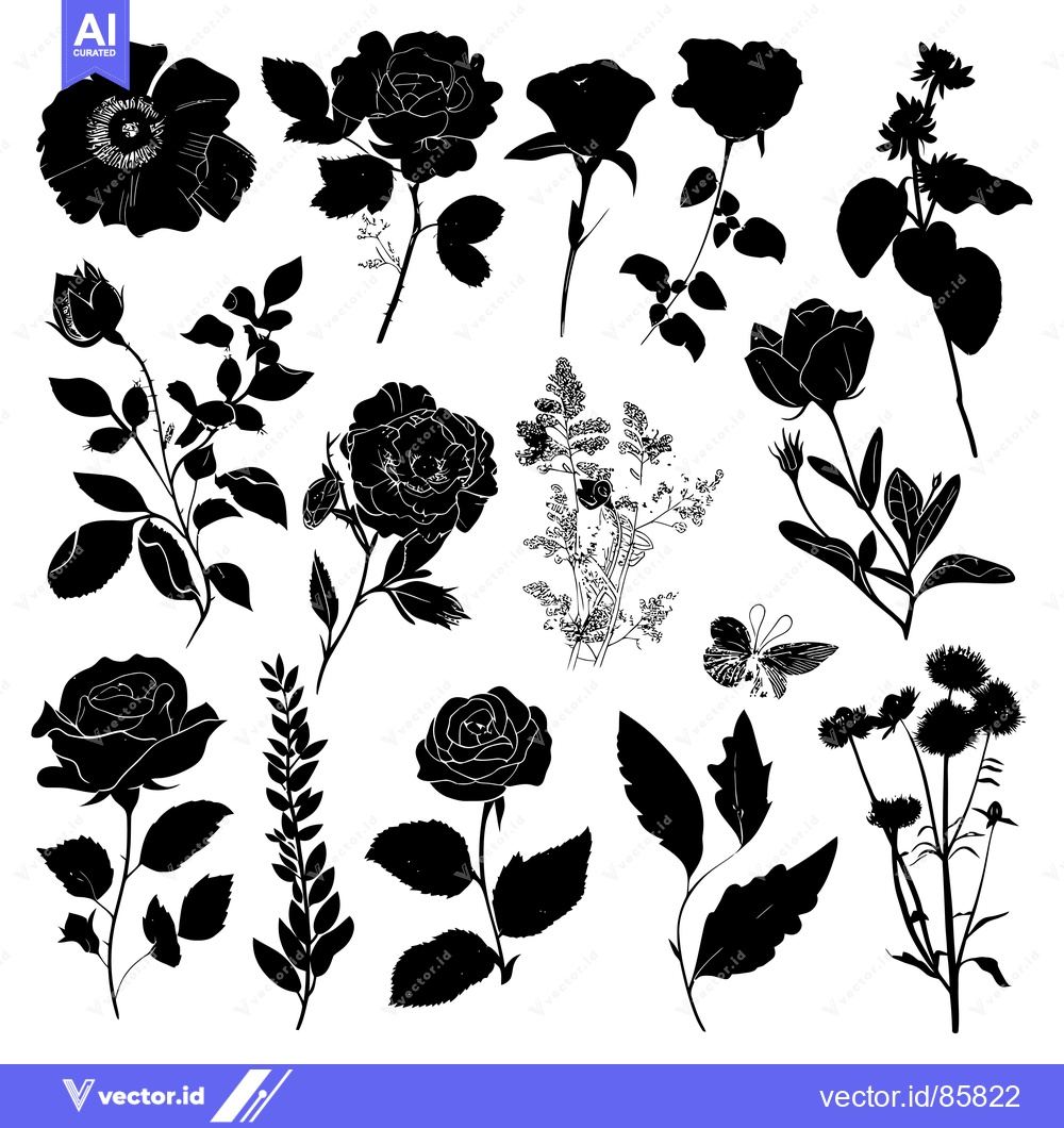 Premium Vector dari Black and White Silhouettes of Various Flowers and Plants