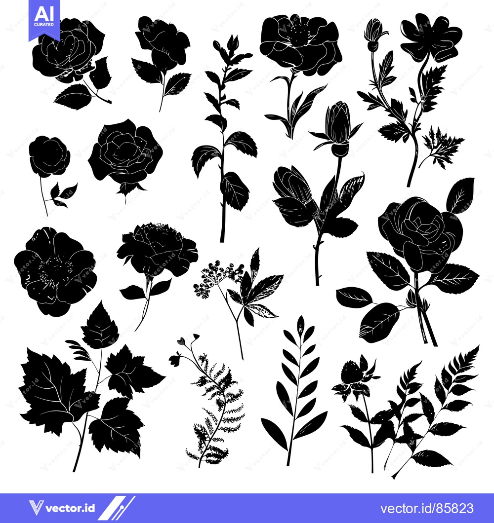 Premium Vector dari Black and White Silhouettes of Various Flower and Plant Species