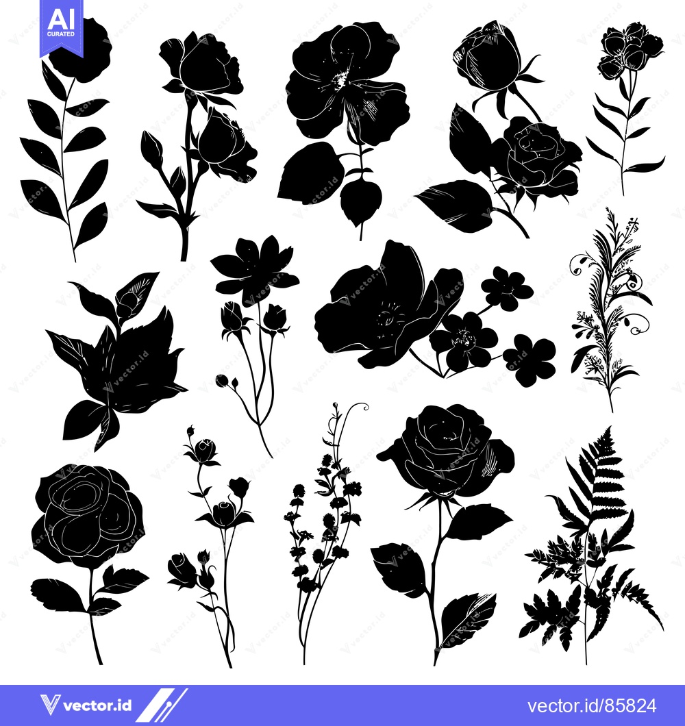 Premium Vector of Collection of Black Floral Silhouettes with Roses and Other Flowers