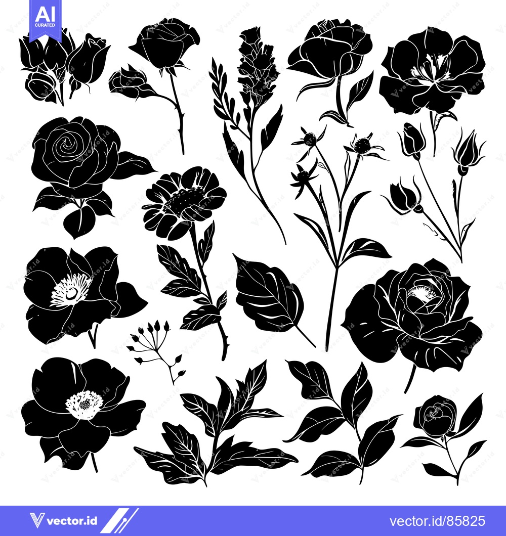 Premium Vector of A Collection of Black Silhouettes of Various Flowers and Leaves