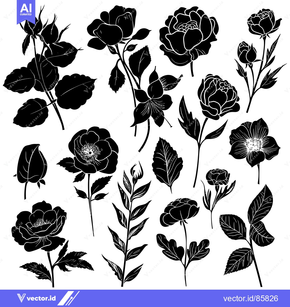 Premium Vector dari Black and White Silhouettes of Various Flowers and Leaves