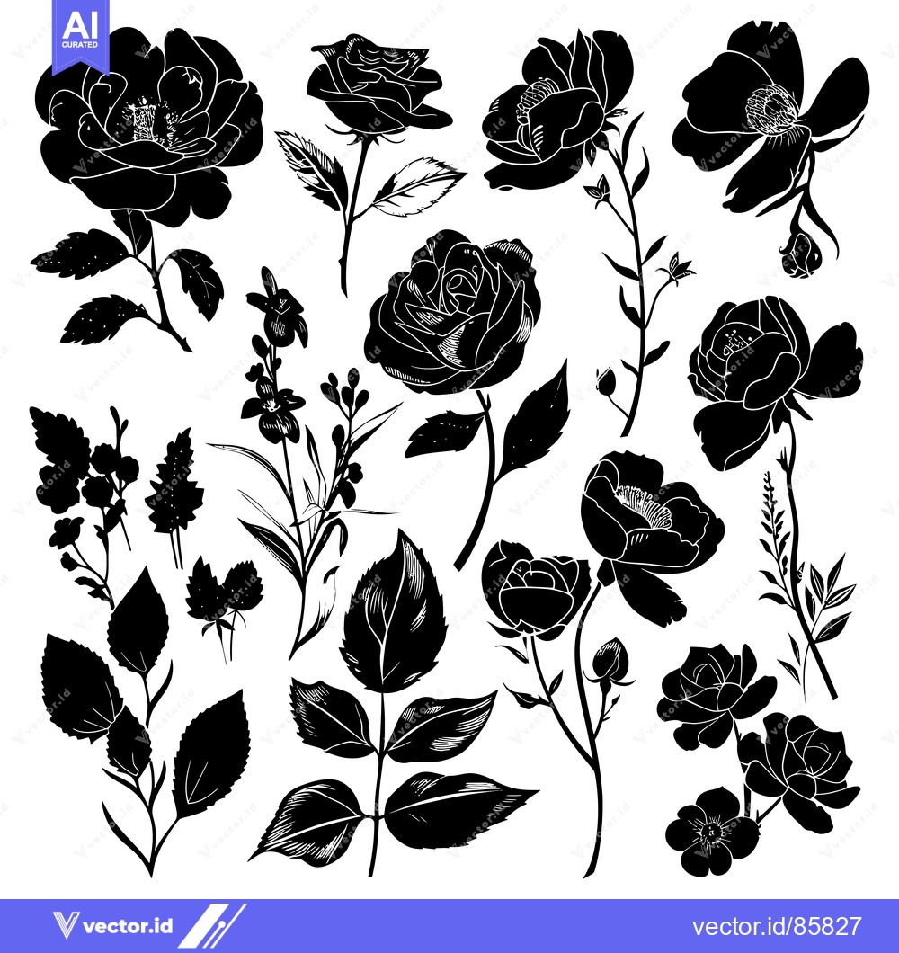 Premium Vector dari Black and White Silhouettes of Roses and Other Flowers