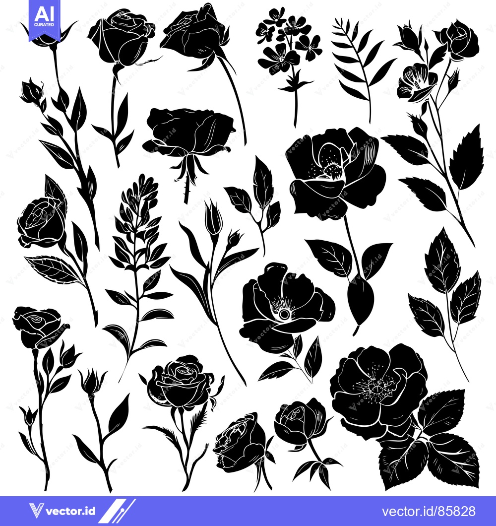 Premium Vector dari Black Silhouettes of Roses and Other Flowers