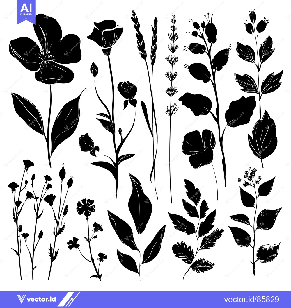 Premium Vector dari Black Silhouettes of Various Flowers, Leaves, and Stems