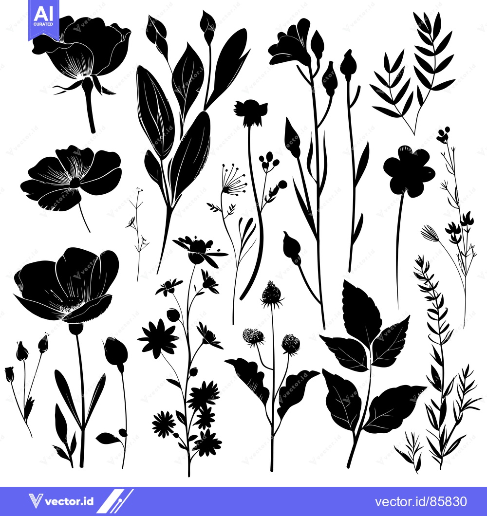 Premium Vector dari Black Silhouettes of Various Flowers and Leaves