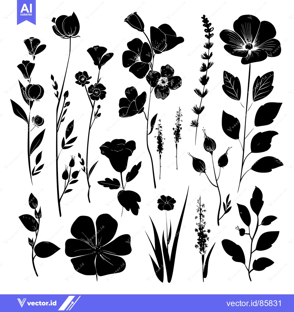 Premium Vector of Black and White Silhouette of Various Flowers and Leaves