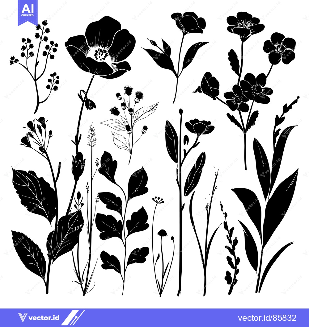 Premium Vector of Silhouette Collection of Wildflowers and Foliage