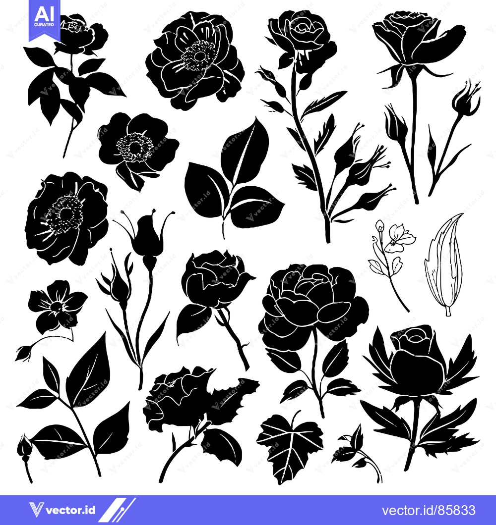 Premium Vector of A Collection of Black and White Rose Silhouettes