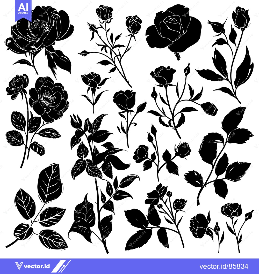 Premium Vector of Black and White Rose Silhouettes with Stems and Leaves