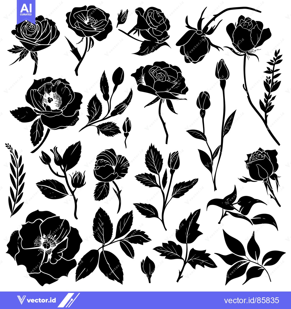 Premium Vector dari Black and White Silhouettes of Roses and Leaves