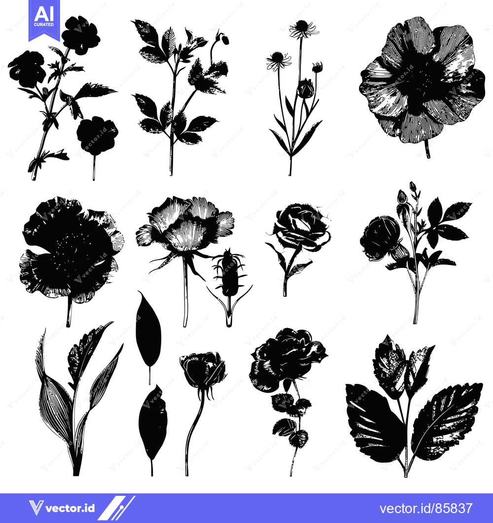 Premium Vector dari Black and White Silhouettes of Various Flowers and Foliage
