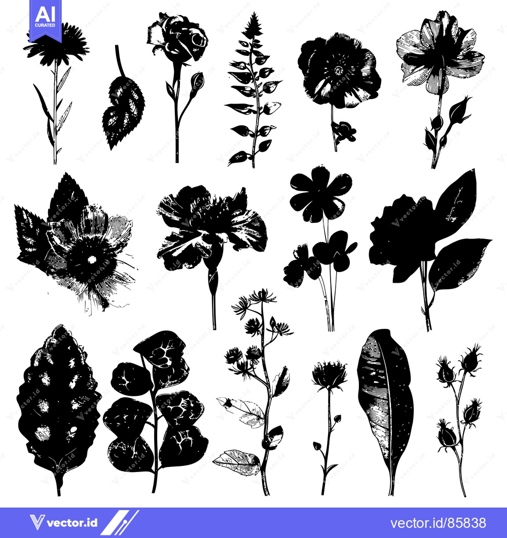 Premium Vector dari Collection of Black and White Floral Silhouettes