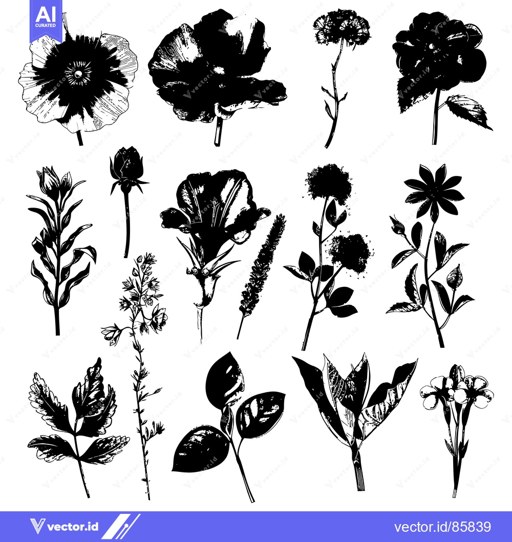 Premium Vector of Black and White Silhouettes of Various Flowers and Foliage
