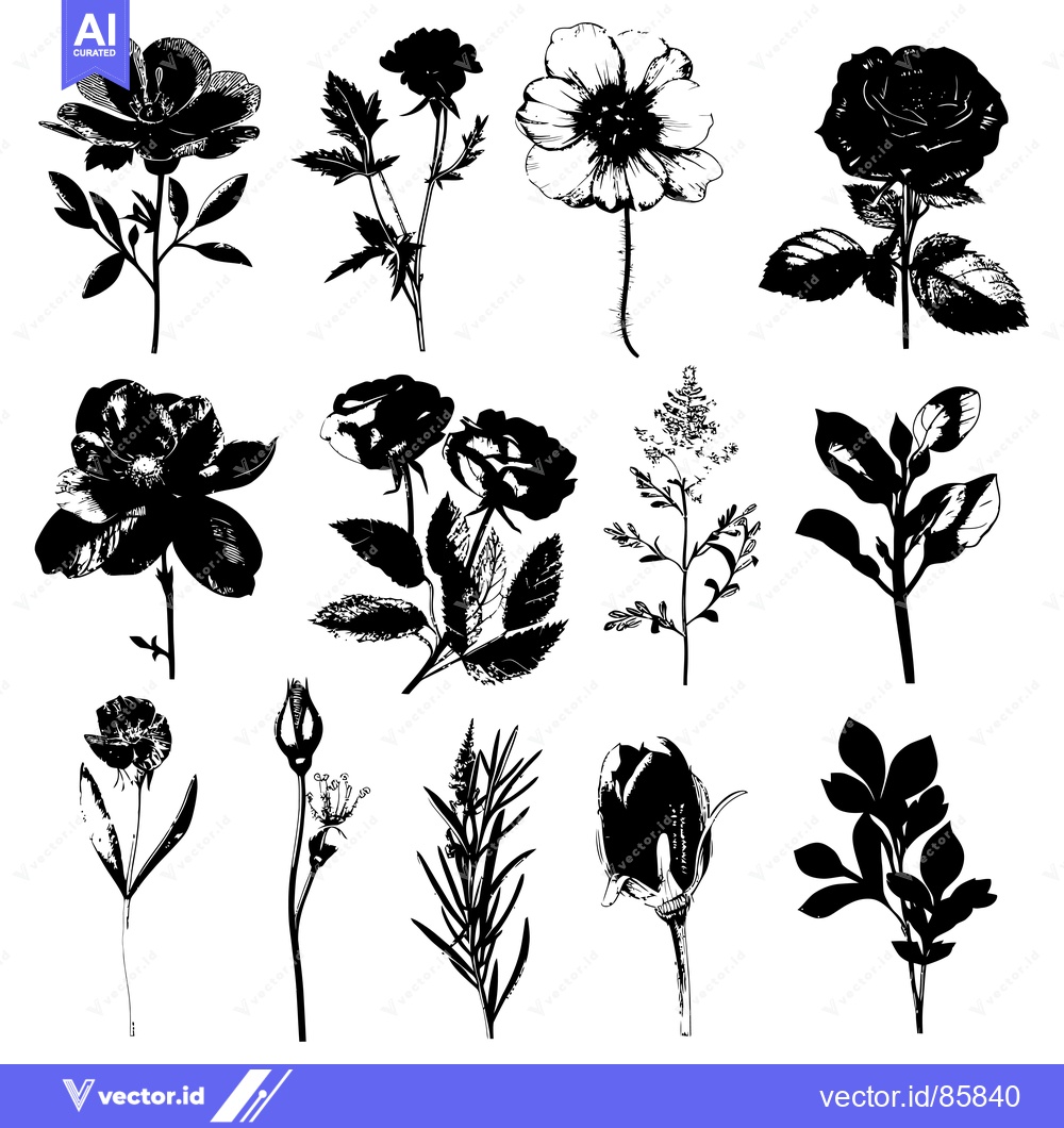 Premium Vector dari Black and White Floral Silhouettes Set