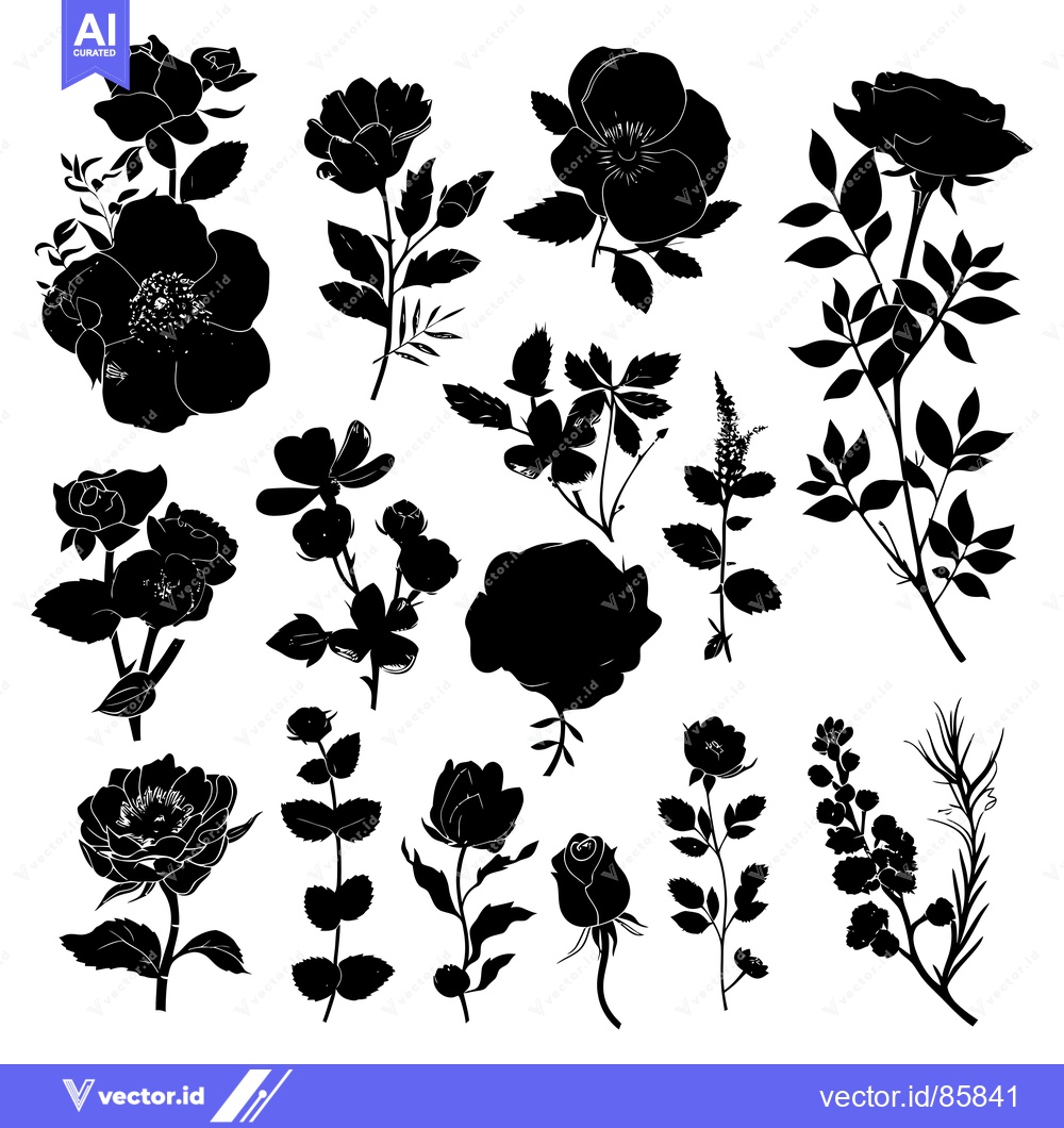 Premium Vector of Black and White Silhouettes of Various Roses and Blossoms