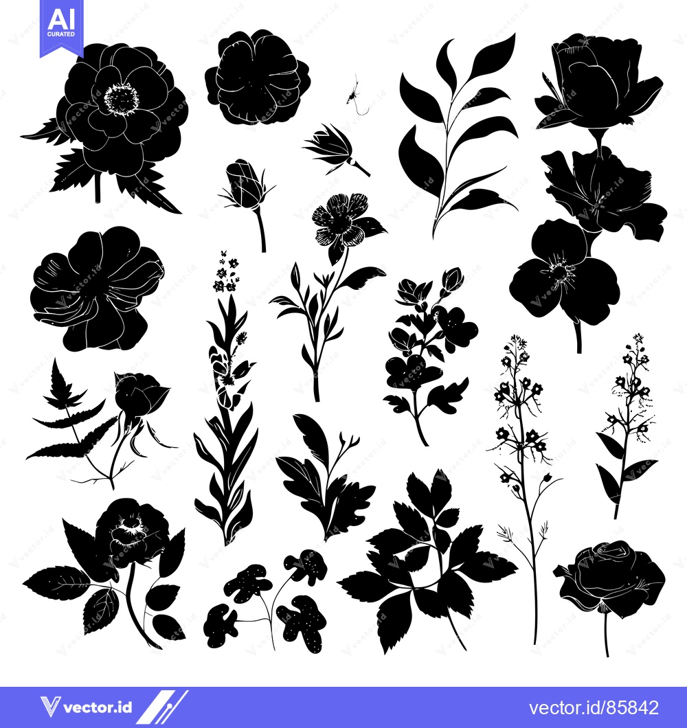 Premium Vector dari Black and White Silhouettes of Various Flowers and Foliage